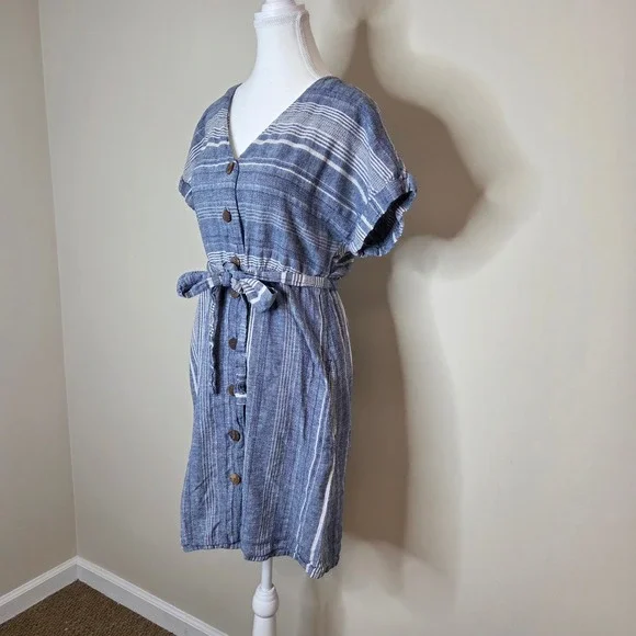 Carve Designs Blue White Striped Linen Cotton Button Front Belted Dress Medium - Picture 2 of 6